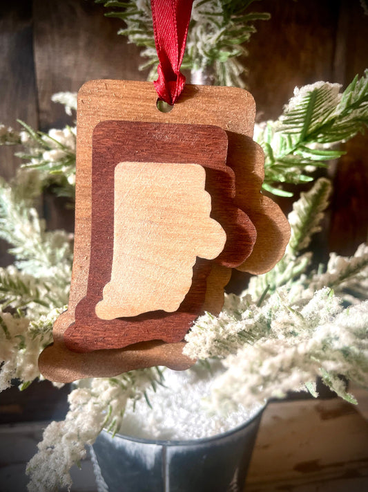 Rhode Island 3-Layer Stacked Wood Ornament & Gift Tag | Brown & Gray Tones | State Pride Gift