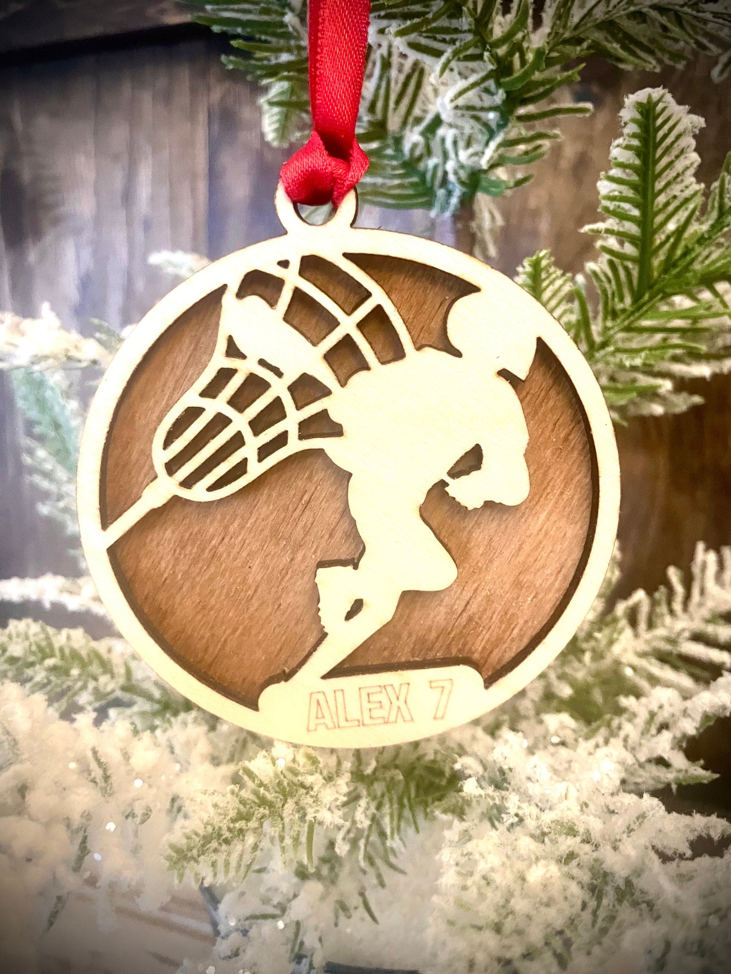 Lacrosse Player Personalized 2-Layer Wood Christmas Ornament & Gift Tag | Multiple Finishes | Lacrosse Gift (#12)
