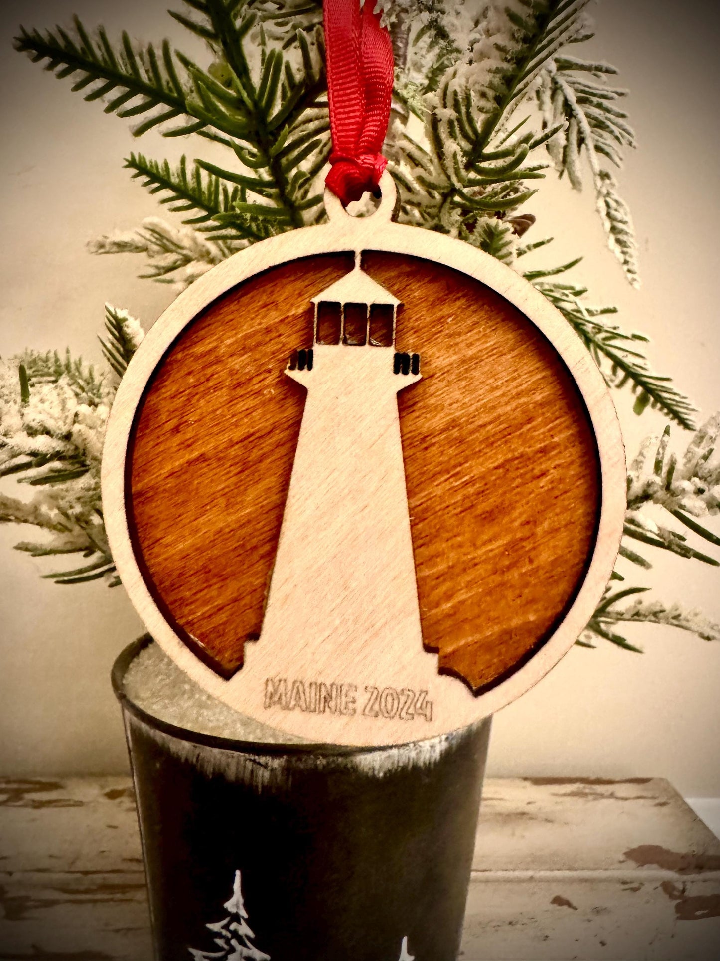 Lighthouse 2-layer personalized laser cut wood Christmas ornament, gift tag available in 12 finishes.