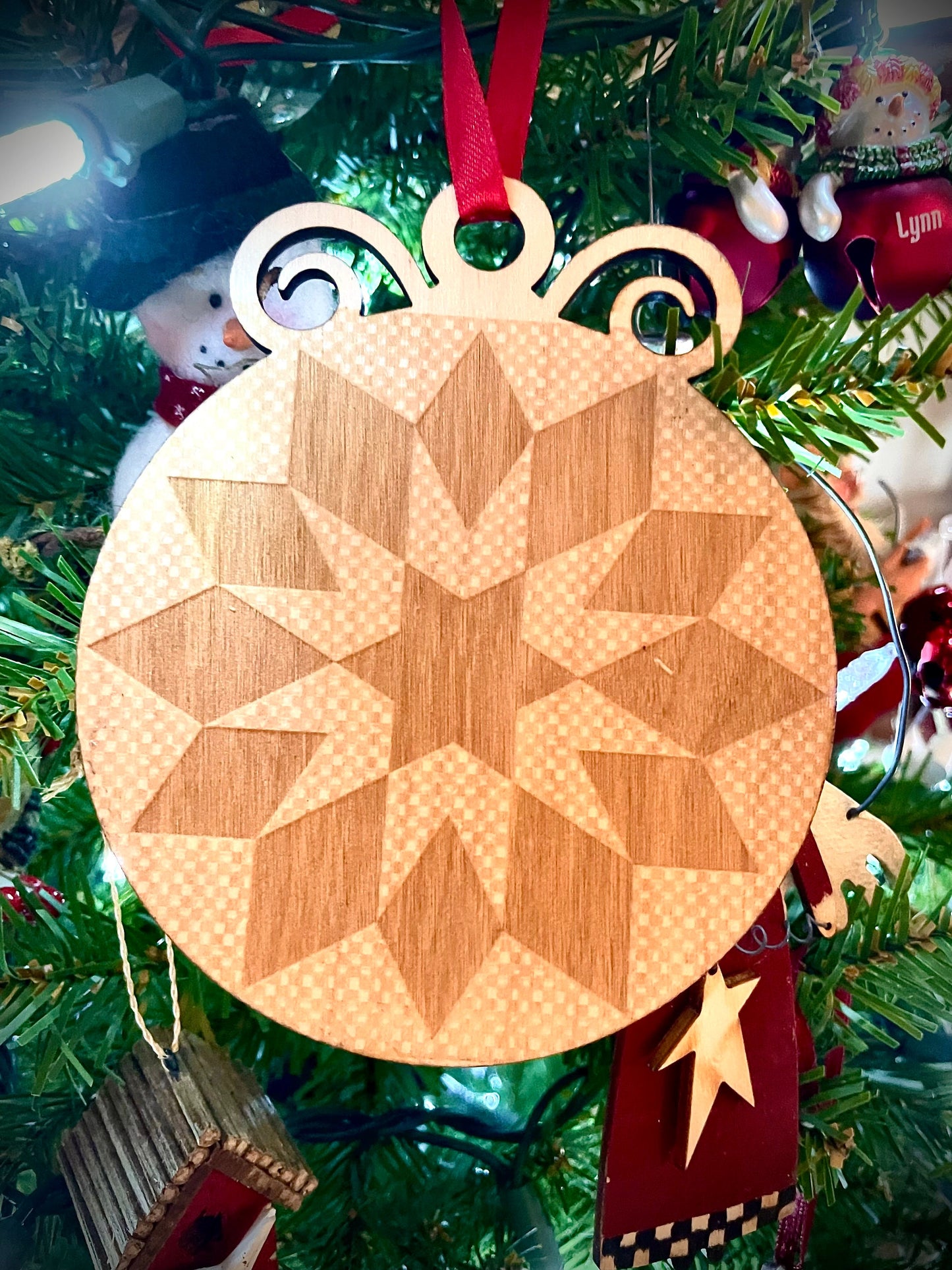 Ohio Star Quilt Pattern Wood Christmas Ornament | Unique Holiday Gift