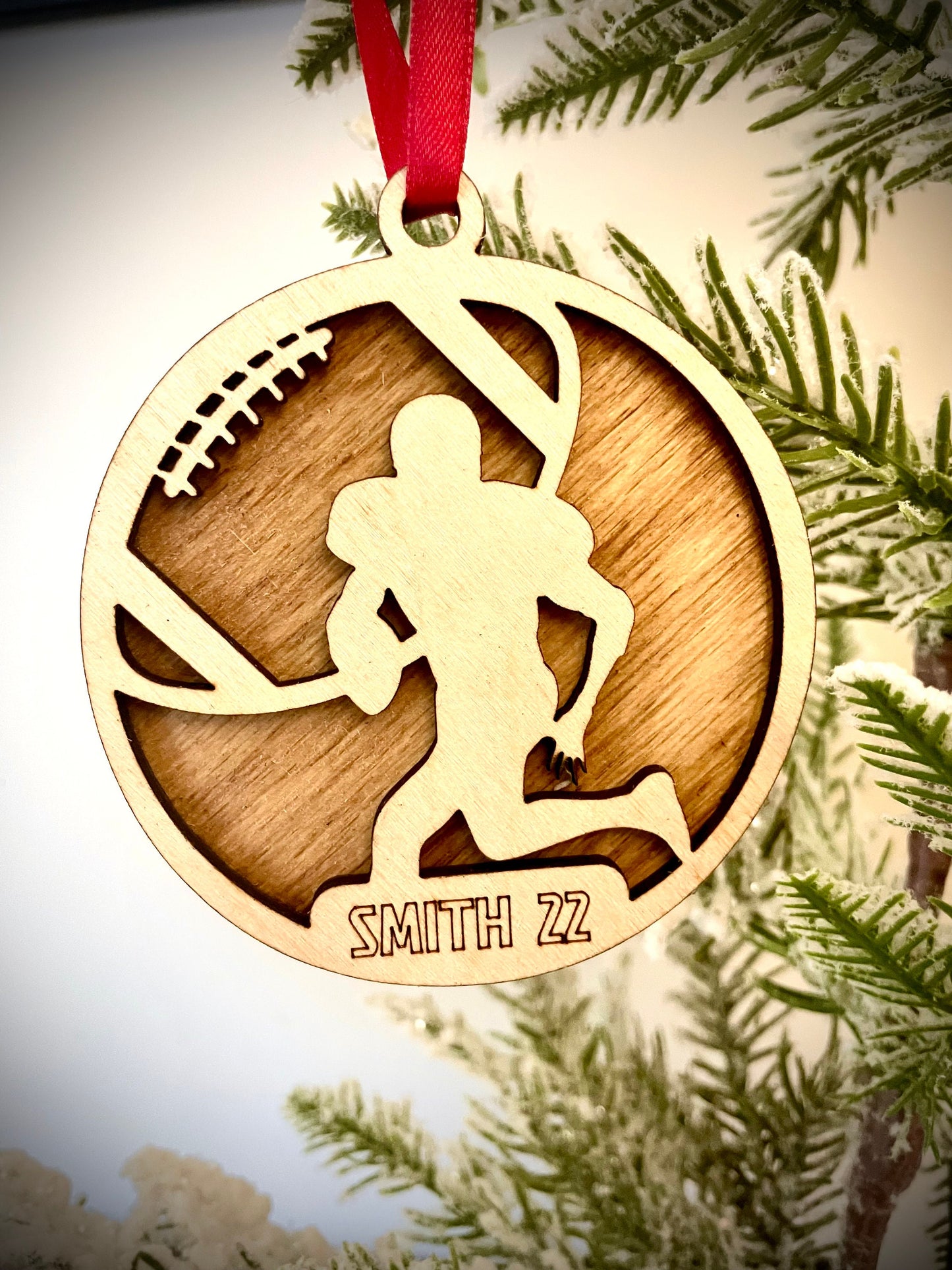 Football player 2-layer personalized laser cut wood Christmas ornament, gift tag available unfinished or stained (version 4 of 16)