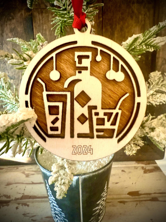 Whiskey Bourbon Decanter with Cocktail Glasses Personalized 2-Layer Wood Christmas Ornament & Gift Tag | Multiple Finishes | Cocktail Gift