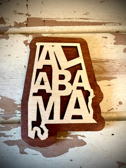 Alabama Word Art 2-Layer Wood Refrigerator Magnet | 12 Finishes | State Pride Gift