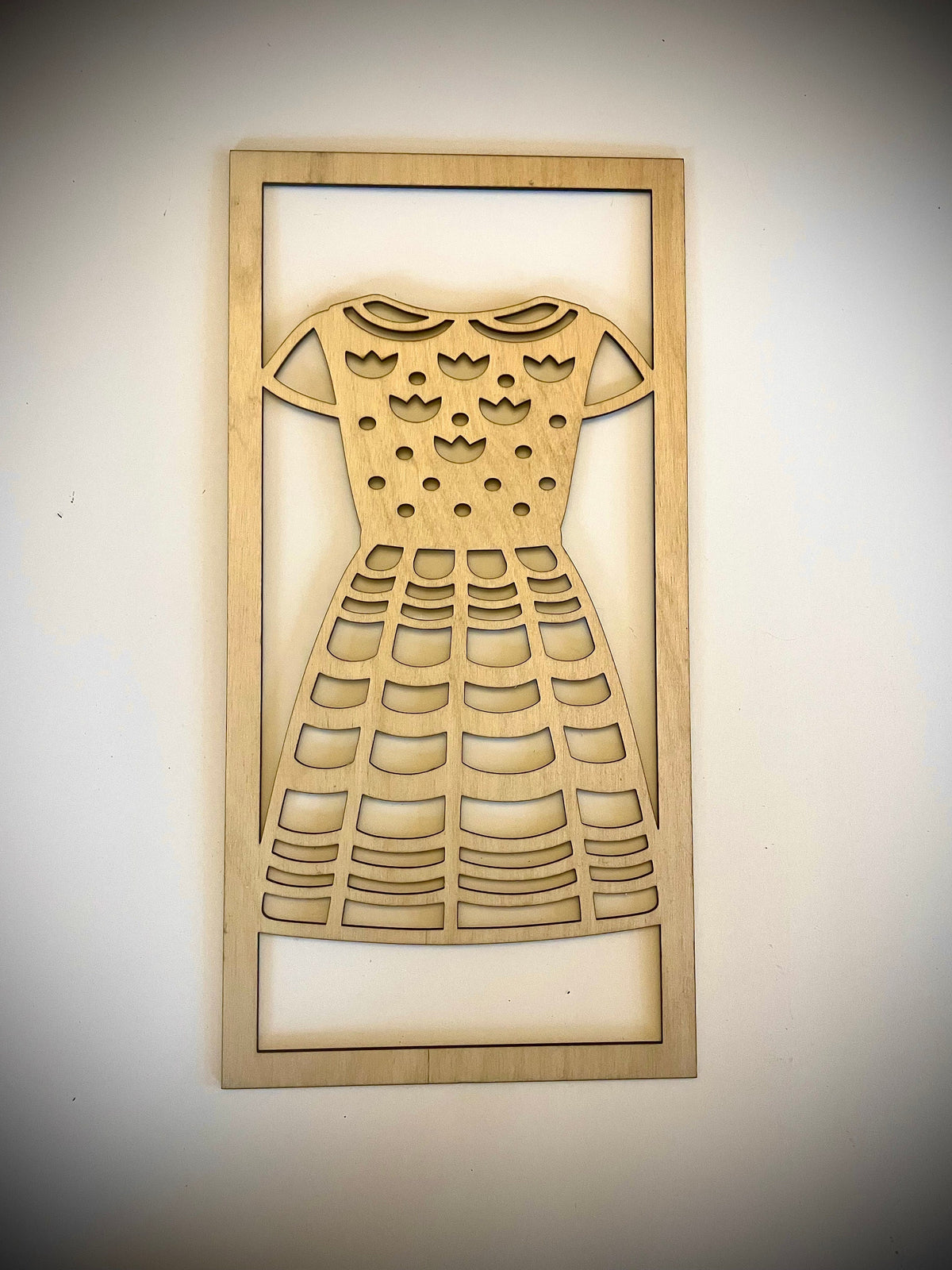 Middle panel of the Boho Fashion Sundress Mandala wood wall art, tulip bodice and scalloped skirt, Natural Stain