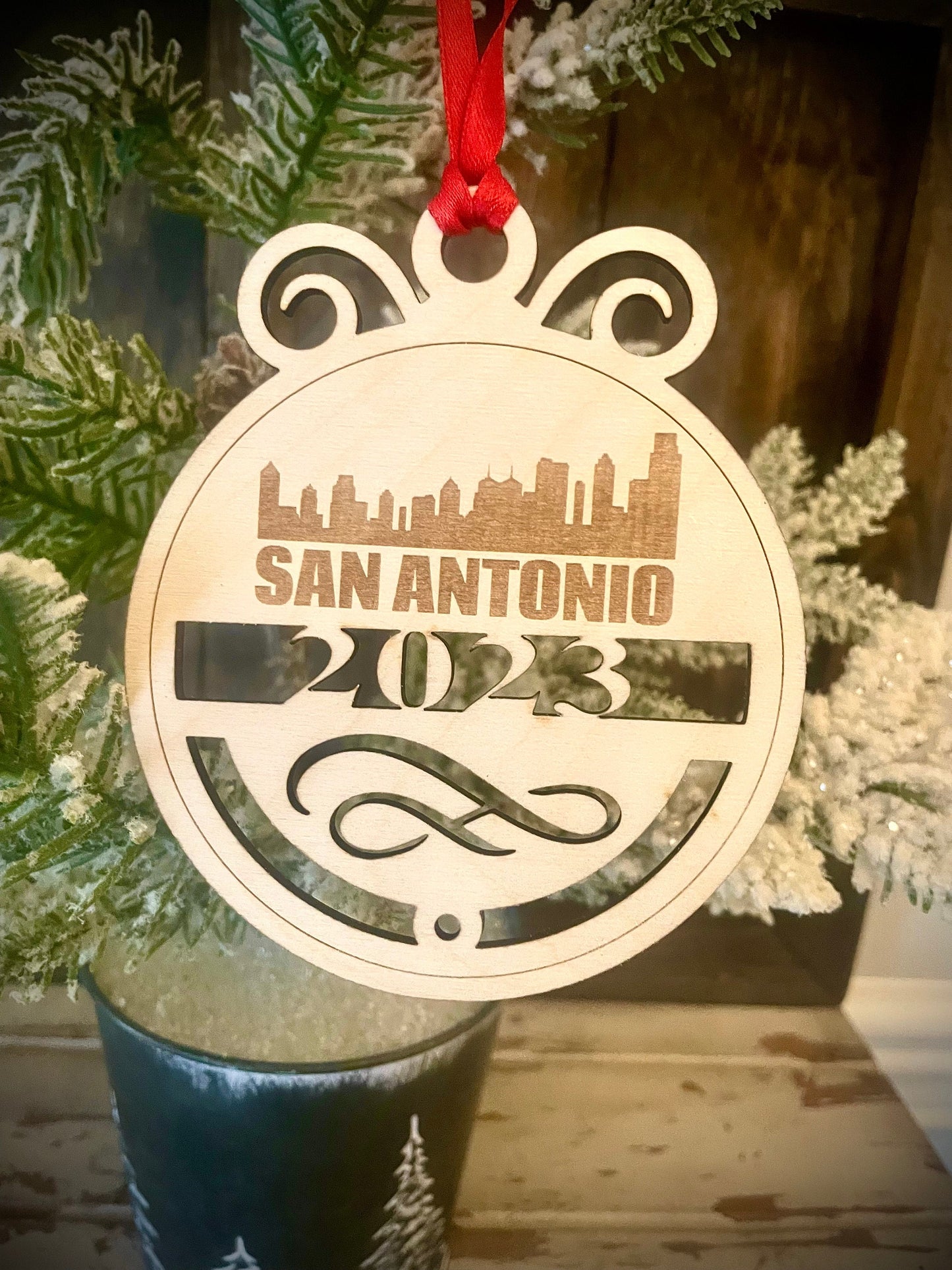 San Antonio Skyline Wood Ornament | Choice of Year | 4" x 4.75" | Travel Souvenir Gift