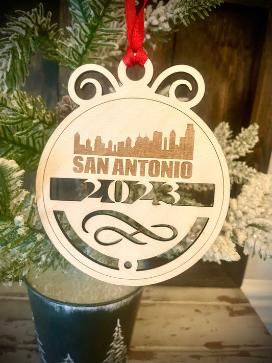 San Antonio Skyline Wood Ornament | Choice of Year | 4" x 4.75" | Travel Souvenir Gift