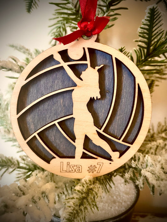 Volleyball player 2-layer personalized laser cut wood Christmas ornament, gift tag available unfinished or stained (version 5 of 12)