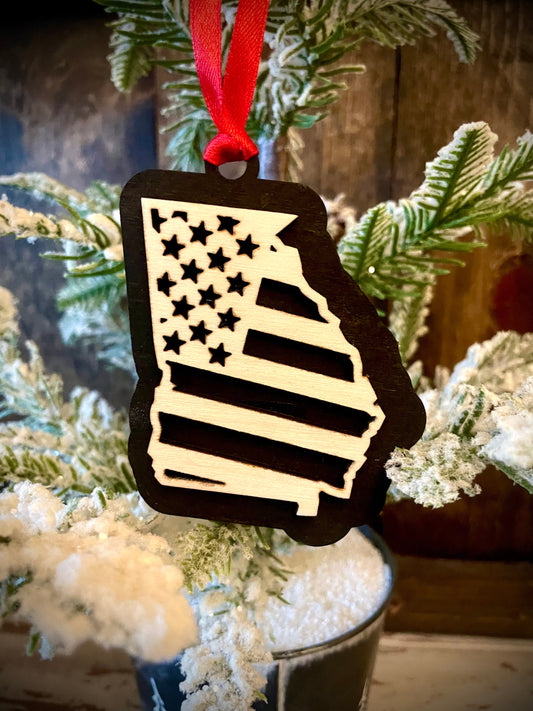 Georgia US Flag Wood Ornament & Gift Tag | 12 Finishes | Patriotic Gift