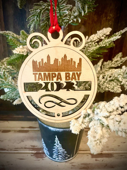 Tampa Bay Skyline Wood Ornament | Choice of Year | 4" x 4.75" | Travel Souvenir Gift