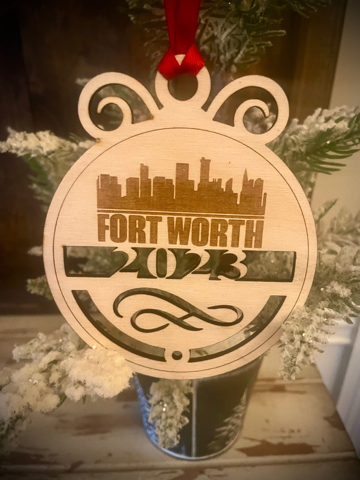 Fort Worth Skyline Wood Ornament | Choice of Year | 4" x 4.75" | Travel Souvenir Gift
