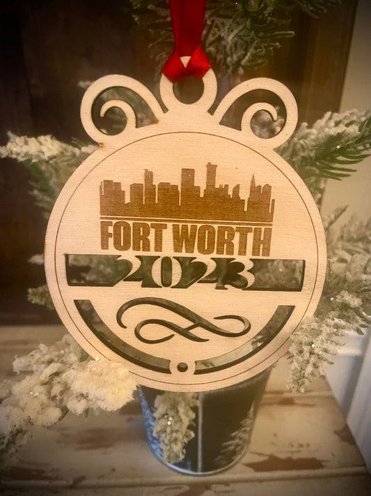 Fort Worth Skyline Wood Ornament | Choice of Year | 4" x 4.75" | Travel Souvenir Gift