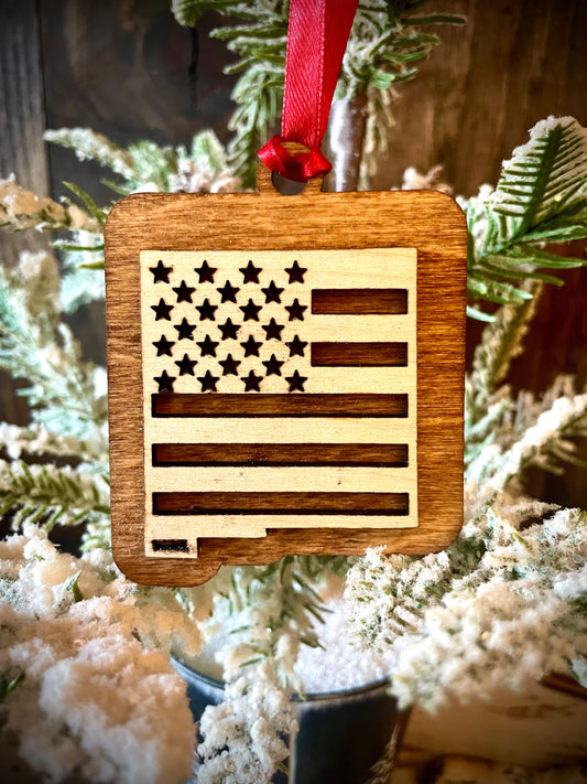 New Mexico US Flag Wood Ornament & Gift Tag | 12 Finishes | Patriotic Gift