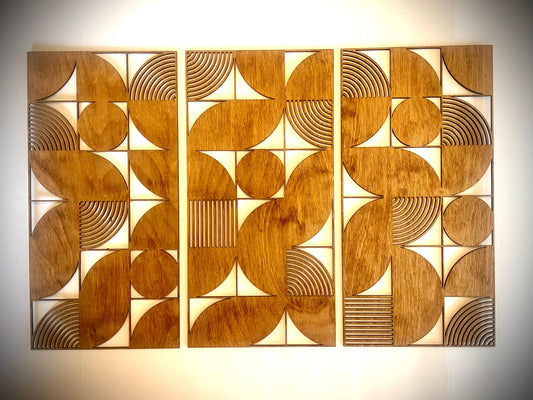 Boho Modern Bauhaus Style wood wall art 3-panel set, Set A, in Golden Oak hanging on a white wall