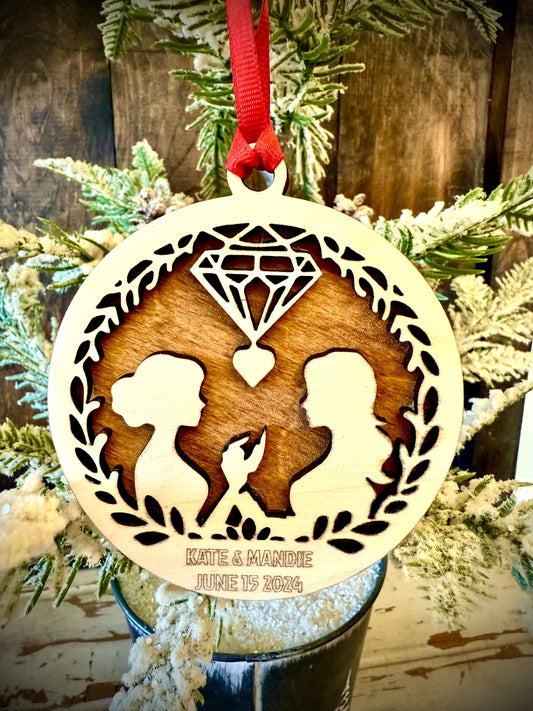 2 Women Married Personalized 2-Layer Wood Christmas Ornament & Gift Tag | Multiple Finishes | Wedding Gift