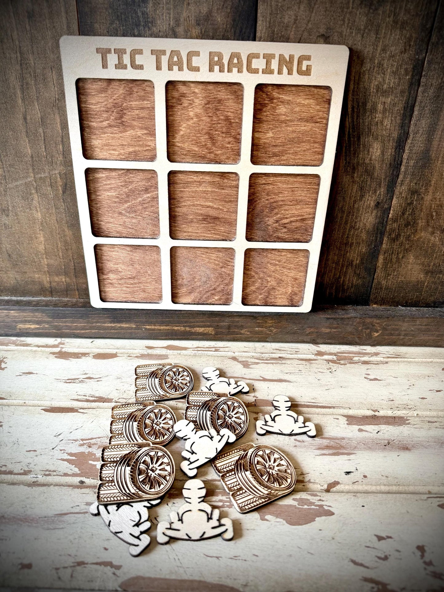 Tic Tac Racing Wood Game | Laser Engraved | 12 Finishes | Racing Gift