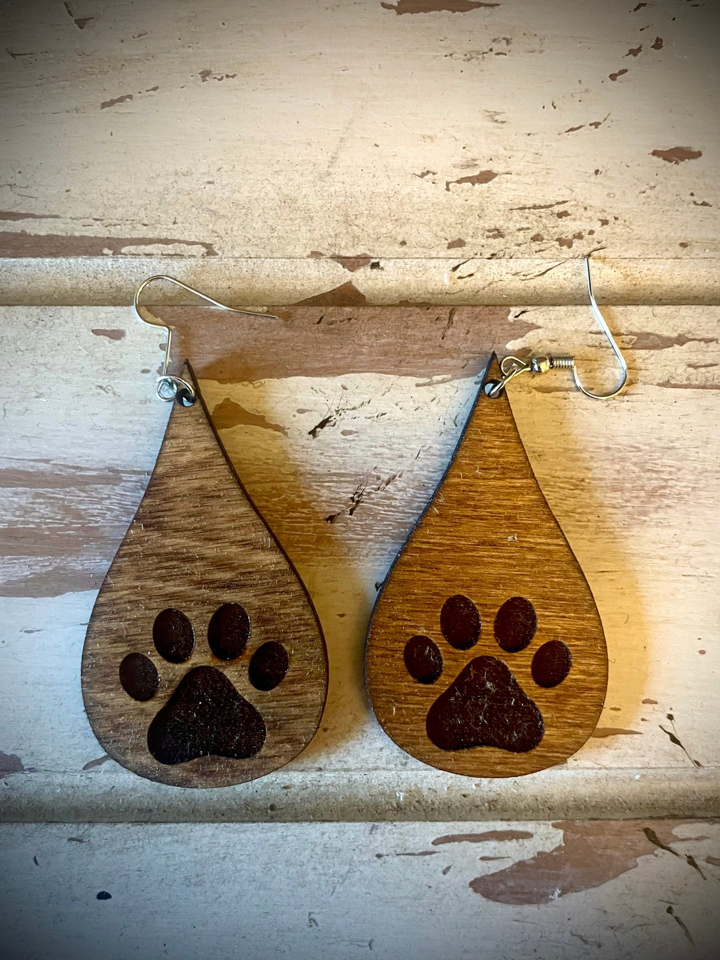 Dog Paw Teardrop Wood Dangle Earrings | Cut Out or Engraved | 3 Sizes, 12 Finishes