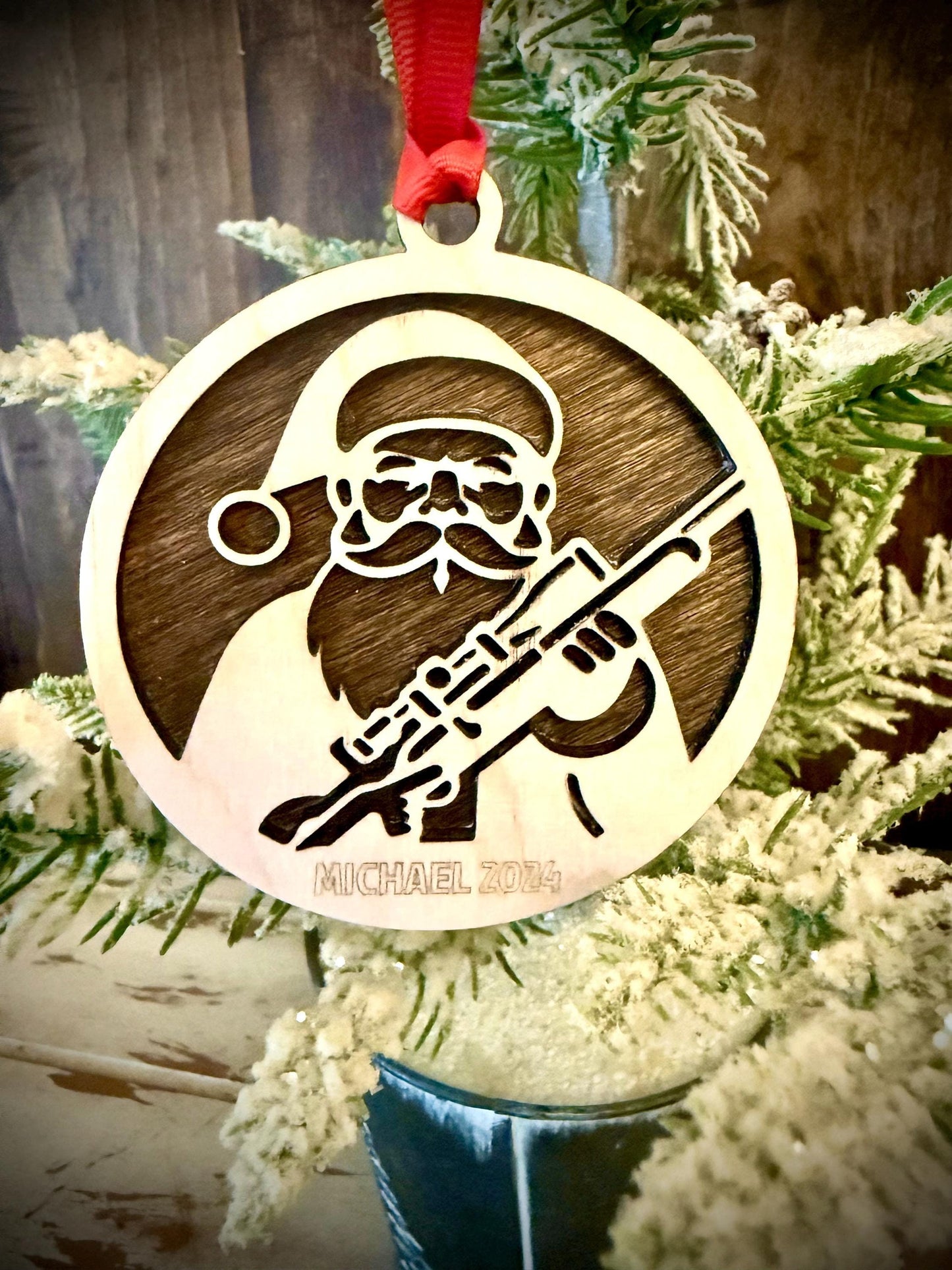 Santa Hunter with Gun Personalized 2-Layer Wood Christmas Ornament & Gift Tag | Multiple Finishes | Hunting Gift