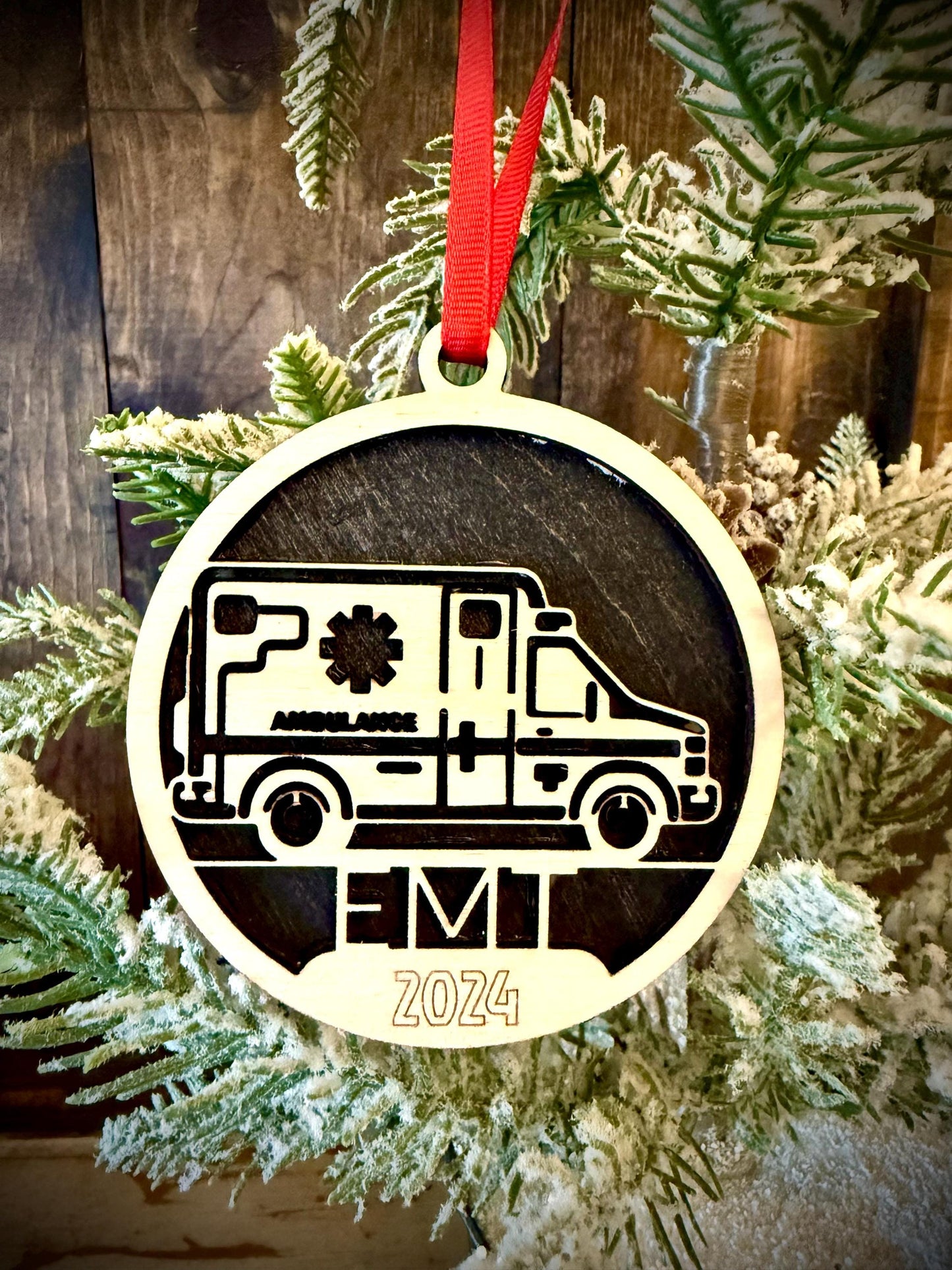 Ambulance EMT Paramedic First Responder Personalized 2-Layer Wood Christmas Ornament & Gift Tag | Multiple Finishes | First Responder Gift