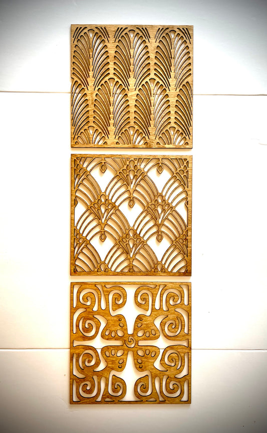 Boho Modern Art Nouveau Geometry wood wall art 3-panel set, Set B, in Golden Oak arranged vertically on a white wall