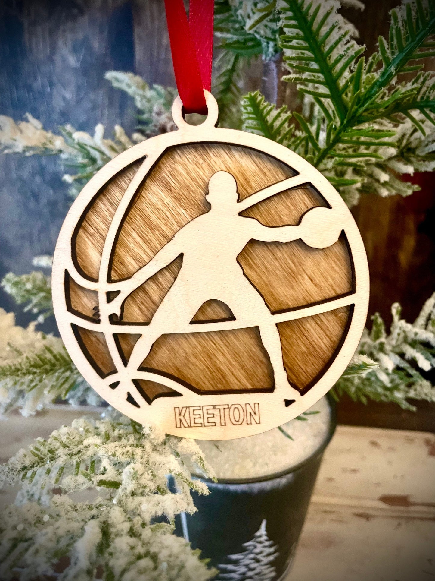 Basketball Player Personalized 2-Layer Wood Christmas Ornament & Gift Tag | Multiple Finishes | Basketball Gift (#12)