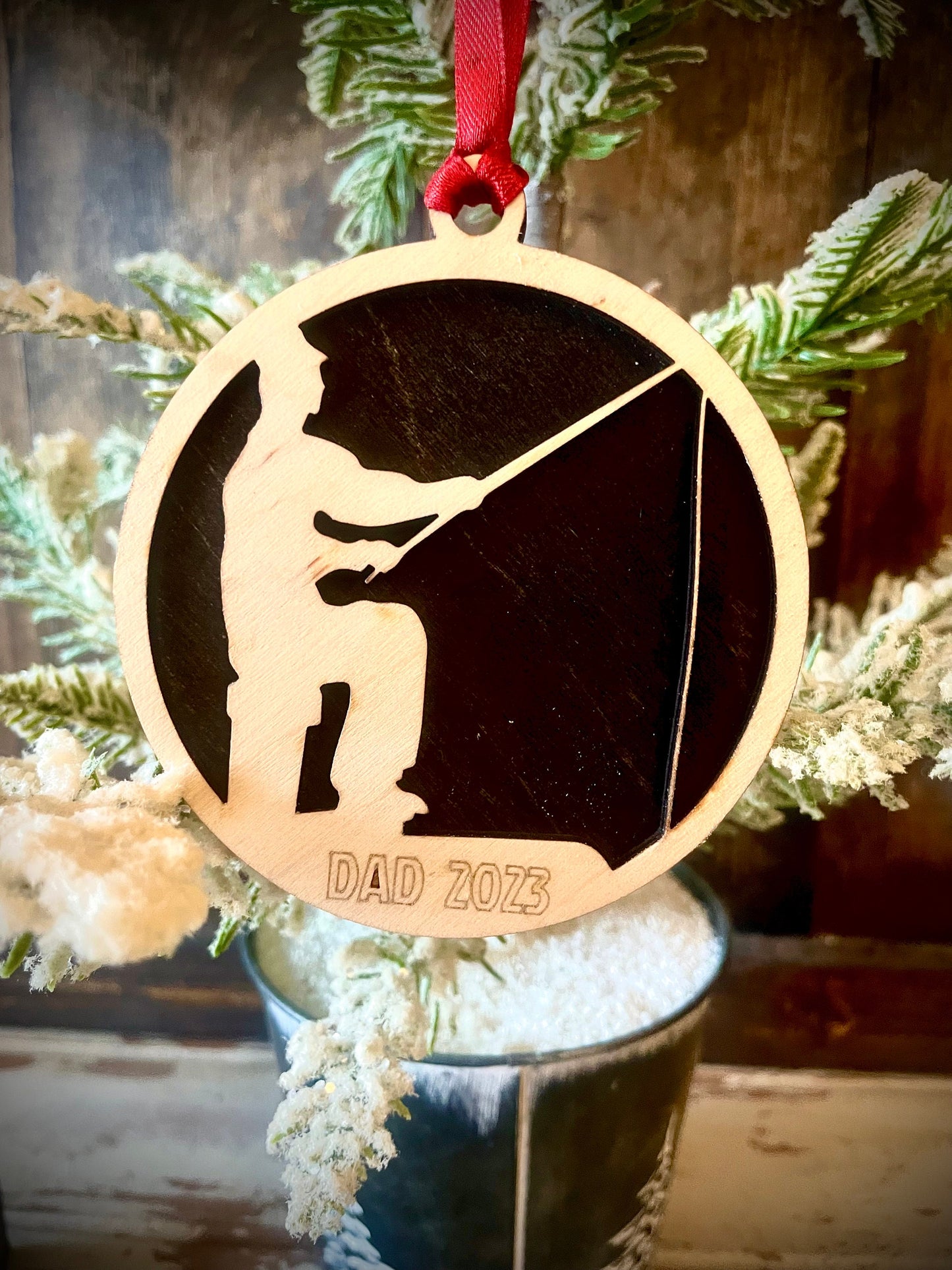 Fishing Fisherman 2-layer personalized laser cut wood Christmas ornament, gift tag available unfinished or stained #3 of 4