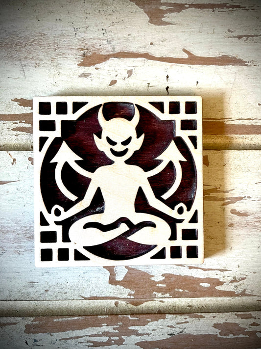 Boho Art Deco Devil Doing Yoga 2-Layer Square Wood Magnet | 12 Finishes | Funny Gift