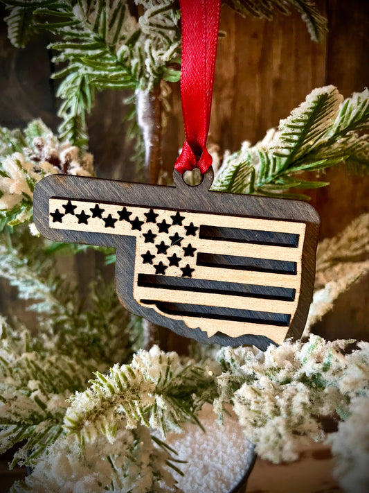 Oklahoma US Flag Wood Ornament & Gift Tag | 12 Finishes | Patriotic Gift