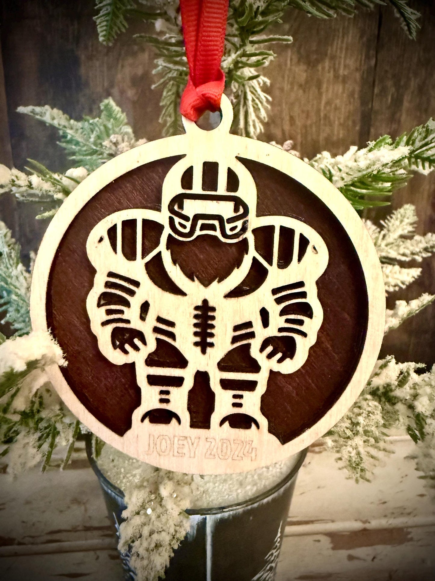 Santa Football Player Personalized 2-Layer Wood Christmas Ornament & Gift Tag | Multiple Finishes | Football Gift
