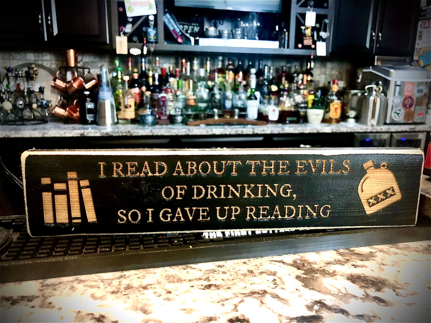 Funny Wood Bar Sign | "I Read About the Evils of Drinking, So I Gave Up Reading"