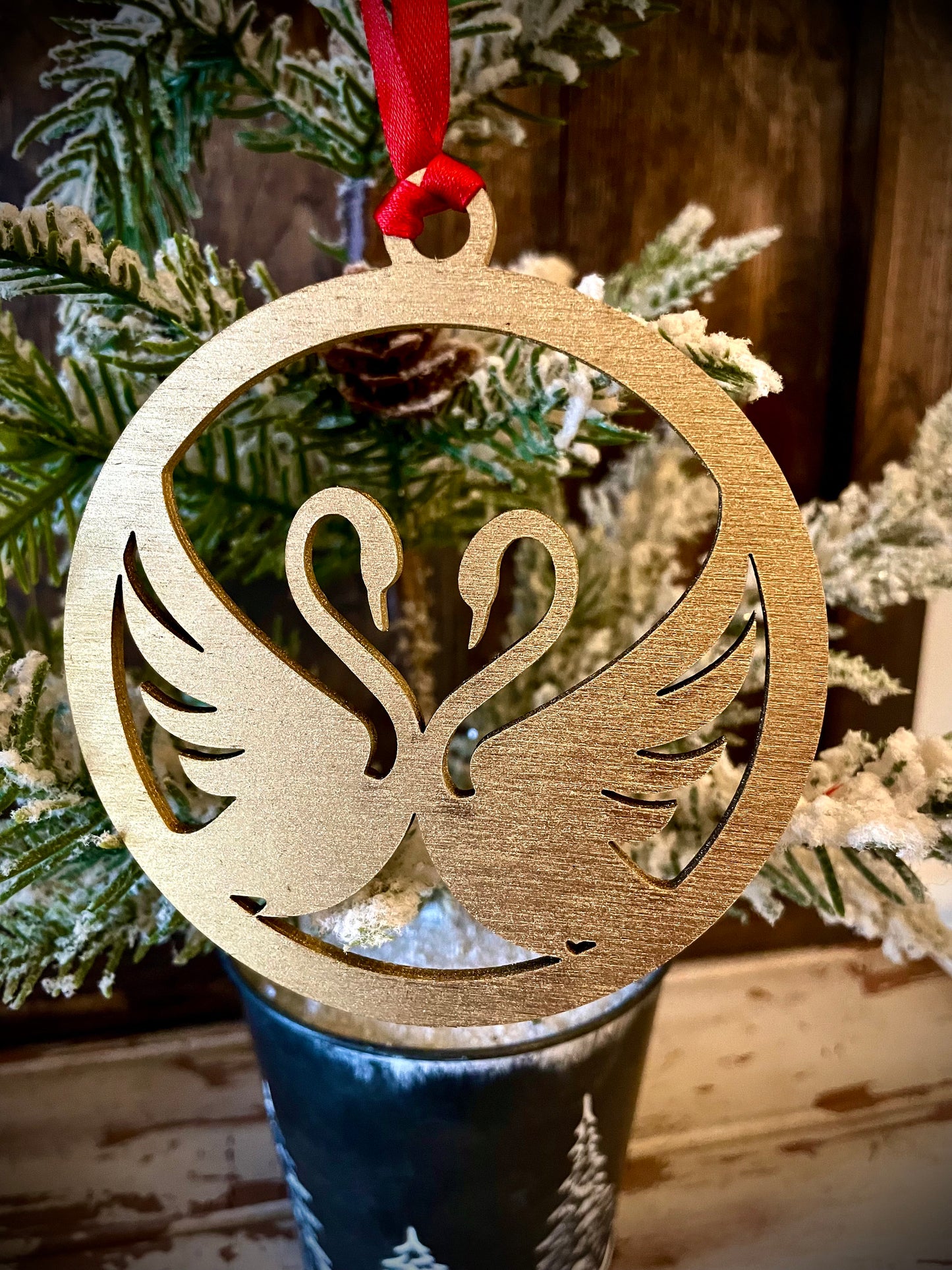 Art Deco Double Swan Wood Christmas Ornament | Multiple Finishes | Elegant Holiday Gift