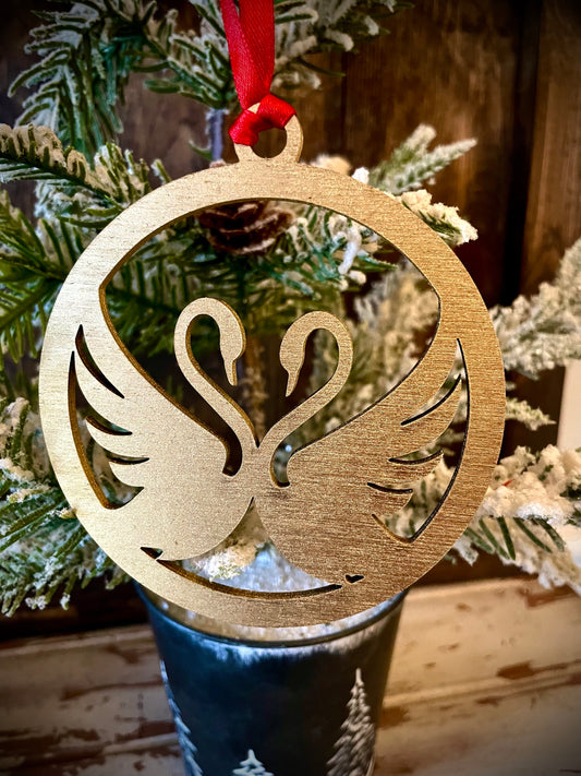 Art Deco Double Swan Wood Christmas Ornament | Multiple Finishes | Elegant Holiday Gift