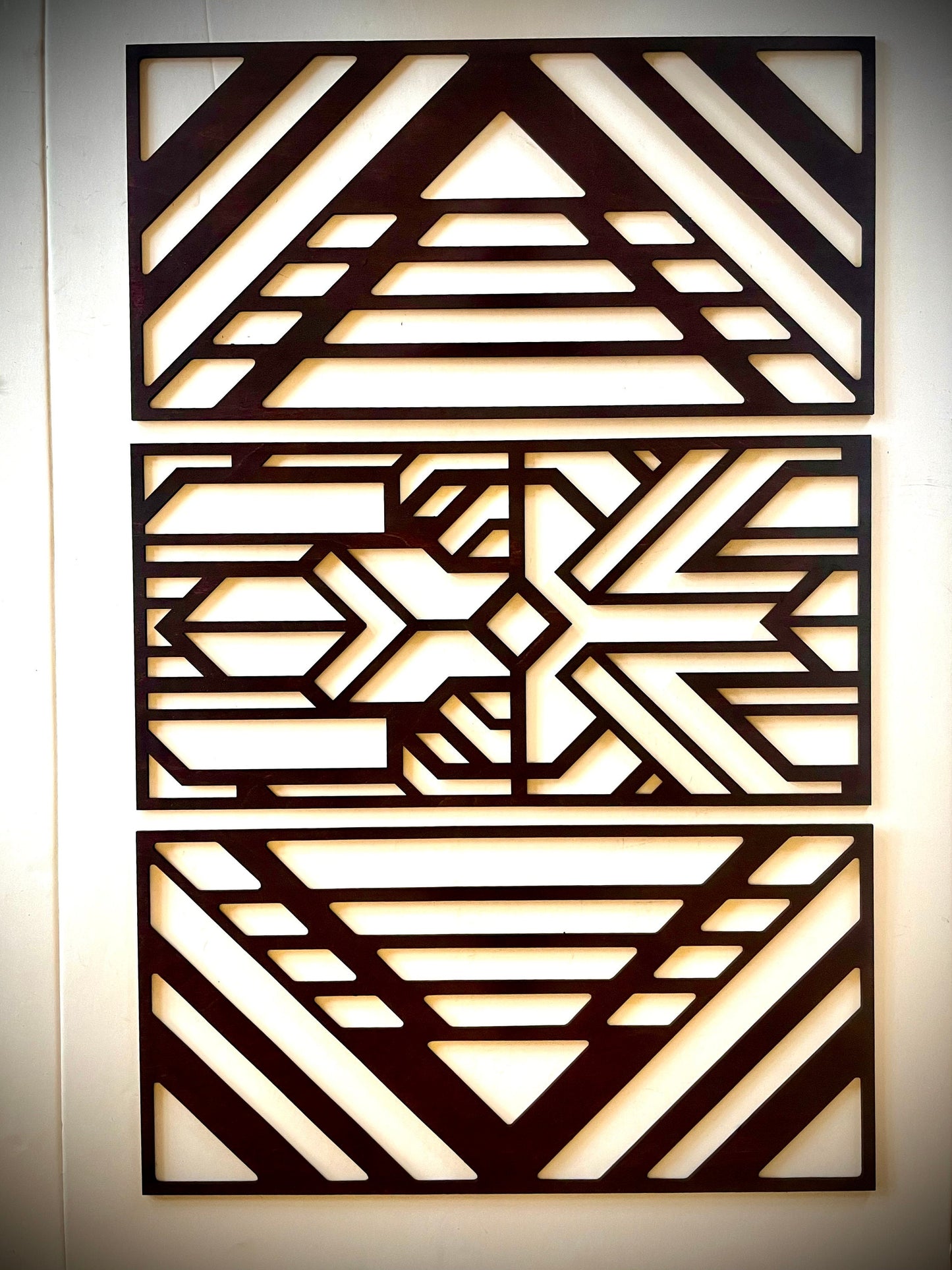 Boho Modern Art Deco Geometry wood wall art, 3 panel set in multiple sizes and finishes, Style M