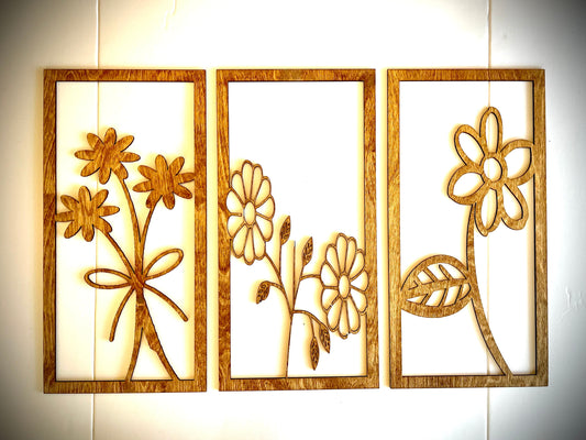 Boho Daisy Wood Wall Art | 3-Panel Set | Multiple Sizes & Finishes