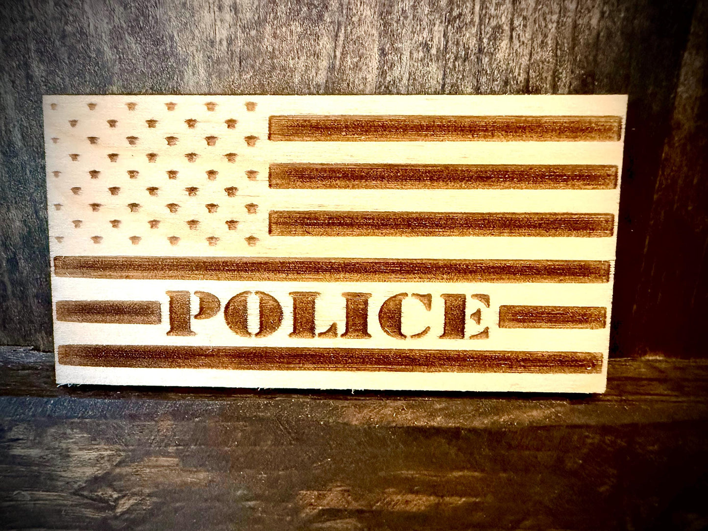 Police Laser Engraved US Flag Wood Refrigerator Magnet | 4" x 2.1" | Law Enforcement Gift