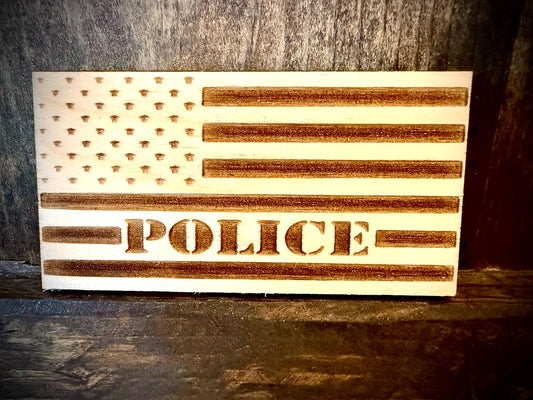 Police Laser Engraved US Flag Wood Refrigerator Magnet | 4" x 2.1" | Law Enforcement Gift