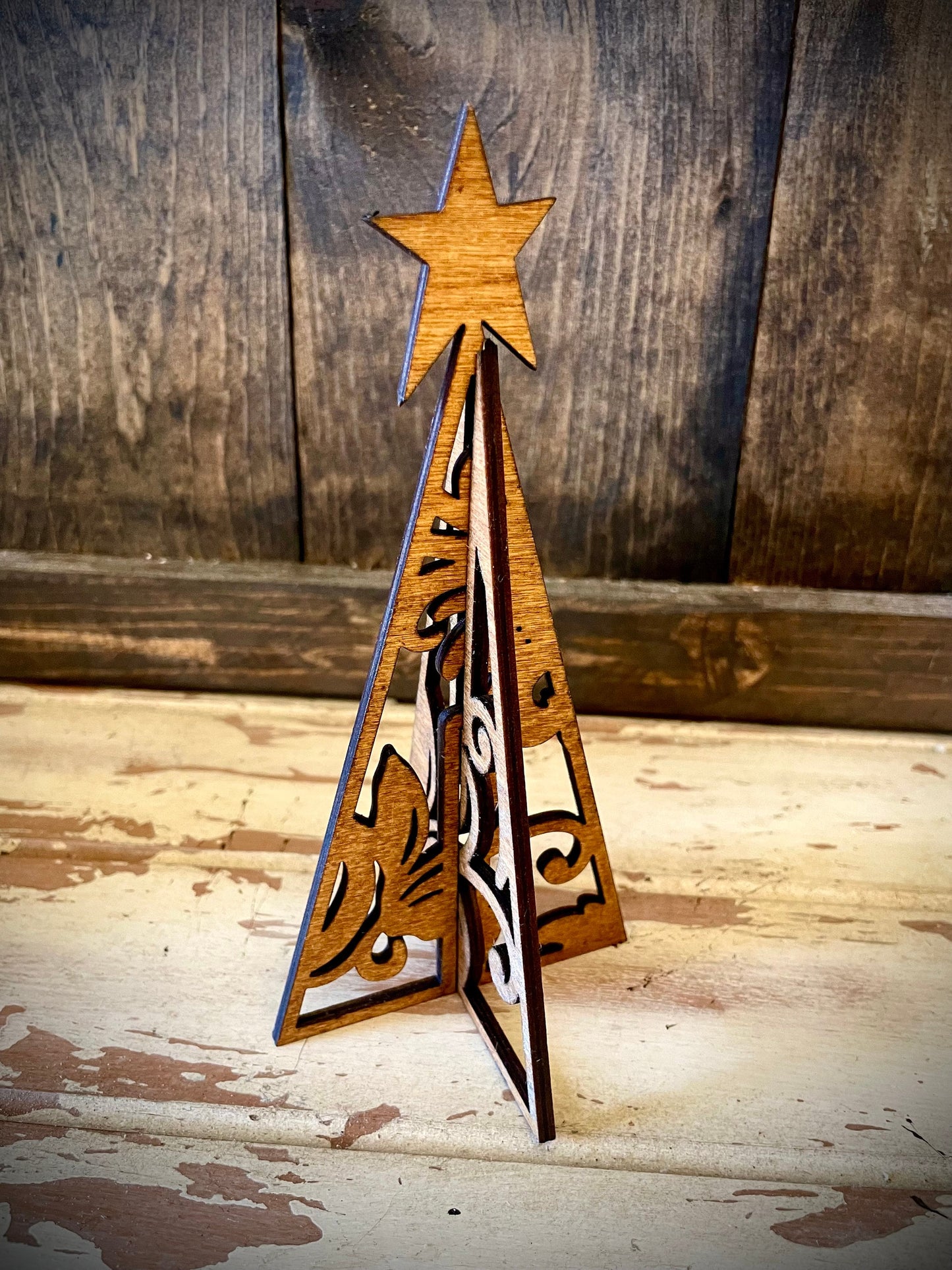 3D Flourish Pine Tree with Star Wood Tabletop Decor | 3 Sizes, 14 Finishes