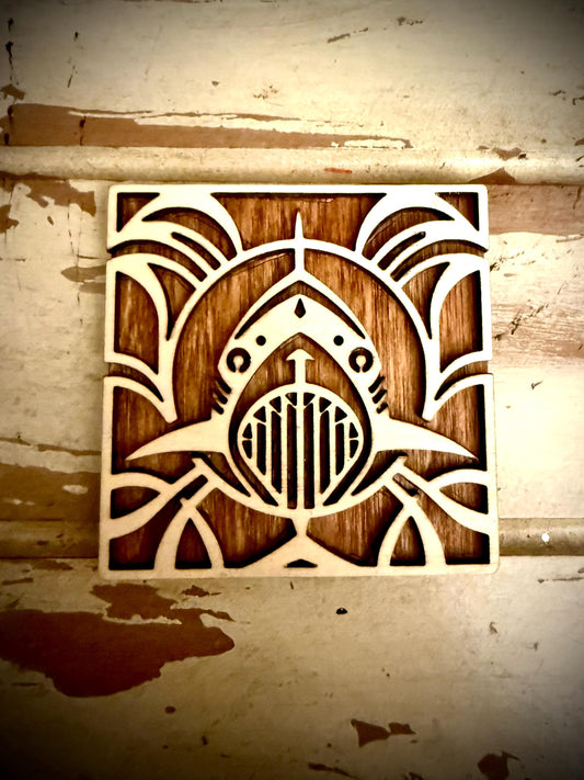 Boho Art Deco Shark 2-Layer Square Wood Magnet | 12 Finishes | Boho Gift