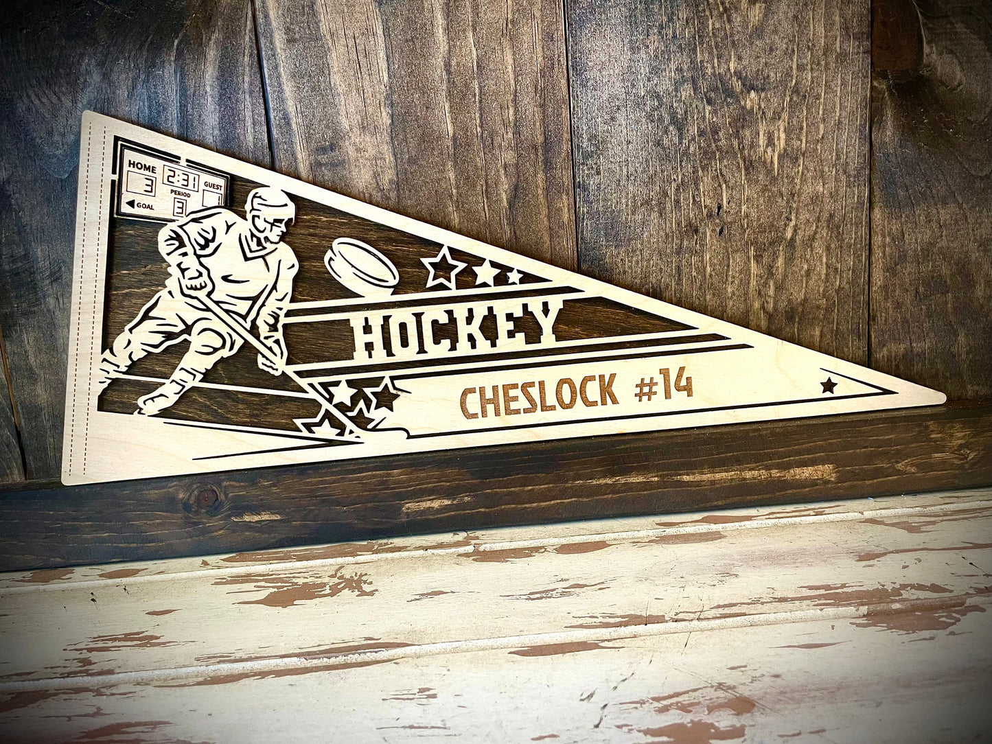 Custom Male Hockey Player Wood Pennant | Name & Number Engraved | 12 Finishes