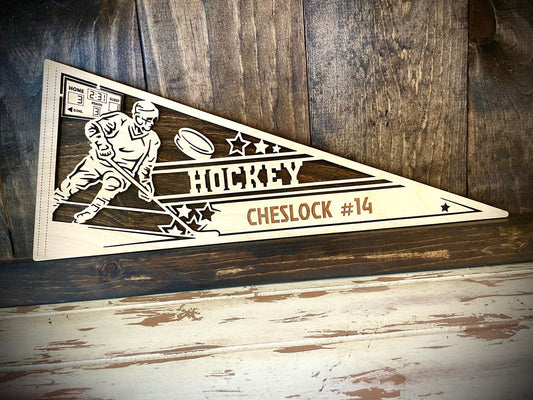 Custom Male Hockey Player Wood Pennant | Name & Number Engraved | 12 Finishes