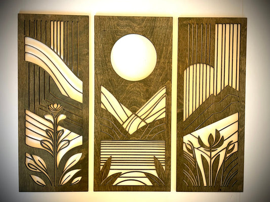 Mid Century Modern Floral Landscape Wood Wall Art | 3-Panel Set | Multiple Sizes & Finishes | Set E