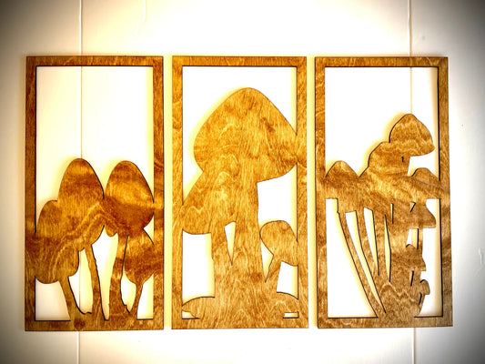 Mushroom Wood Wall Art | 3-Panel Set | Multiple Sizes & Finishes