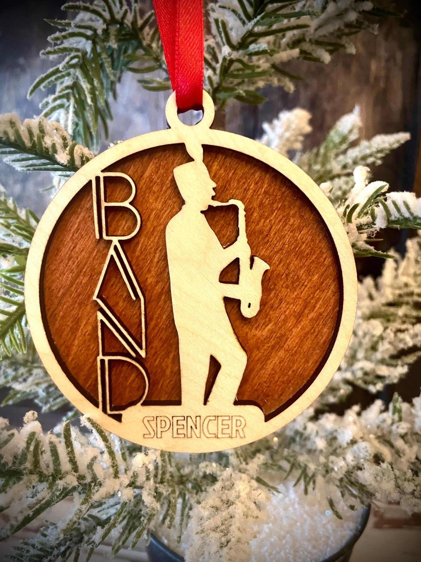 Marching Band Saxophone Player Personalized 2-Layer Wood Christmas Ornament & Gift Tag | Multiple Finishes | Music Gift (#6)