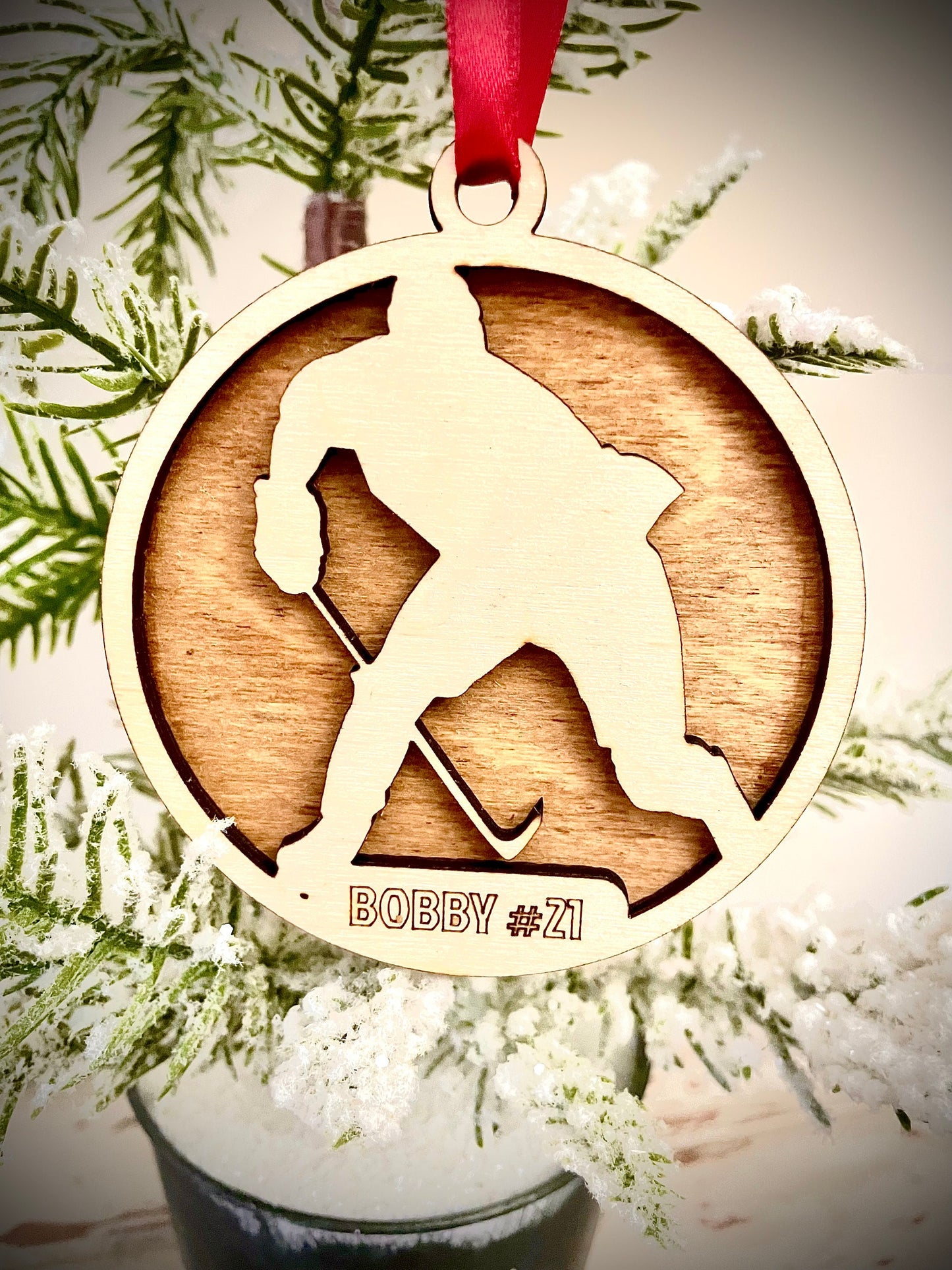 Hockey Player Skater Personalized 2-Layer Wood Christmas Ornament & Gift Tag | Multiple Finishes | Hockey Gift (#10)