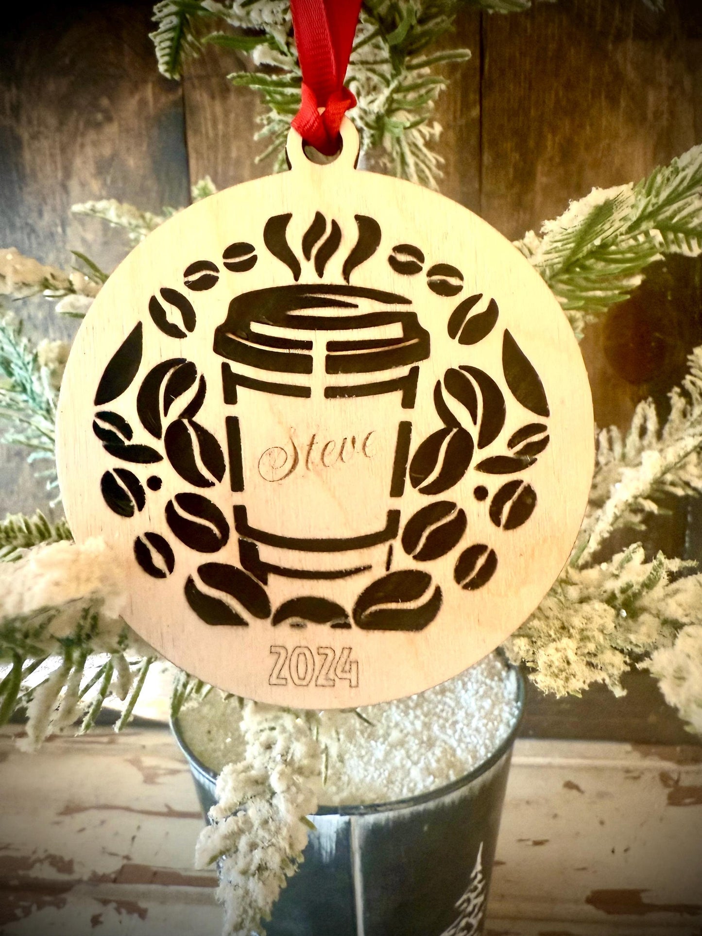 Coffee Latte Cappuccino Personalized 2-Layer Wood Christmas Ornament & Gift Tag | Multiple Finishes | Coffee Lover Gift