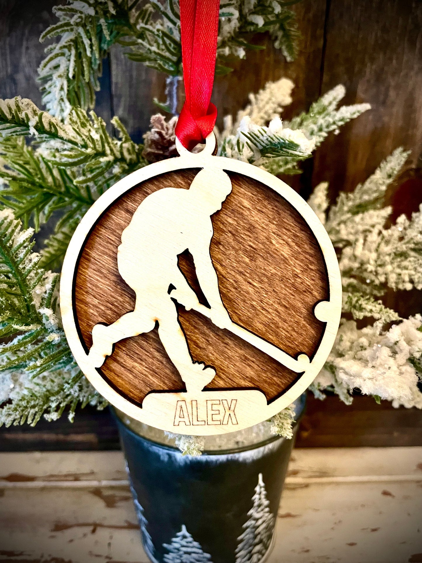 Male Field Hockey Player Personalized 2-Layer Wood Christmas Ornament & Gift Tag | Multiple Finishes | Field Hockey Gift (#7)