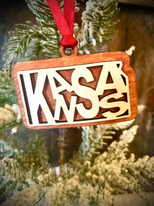 Kansas Word Art Wood Ornament & Gift Tag | 12 Finishes | State Pride Gift