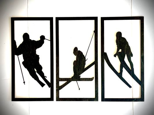 Skiing & Skier Wood Wall Art | 3-Panel Set | Multiple Sizes & Finishes | Ski Decor Gift