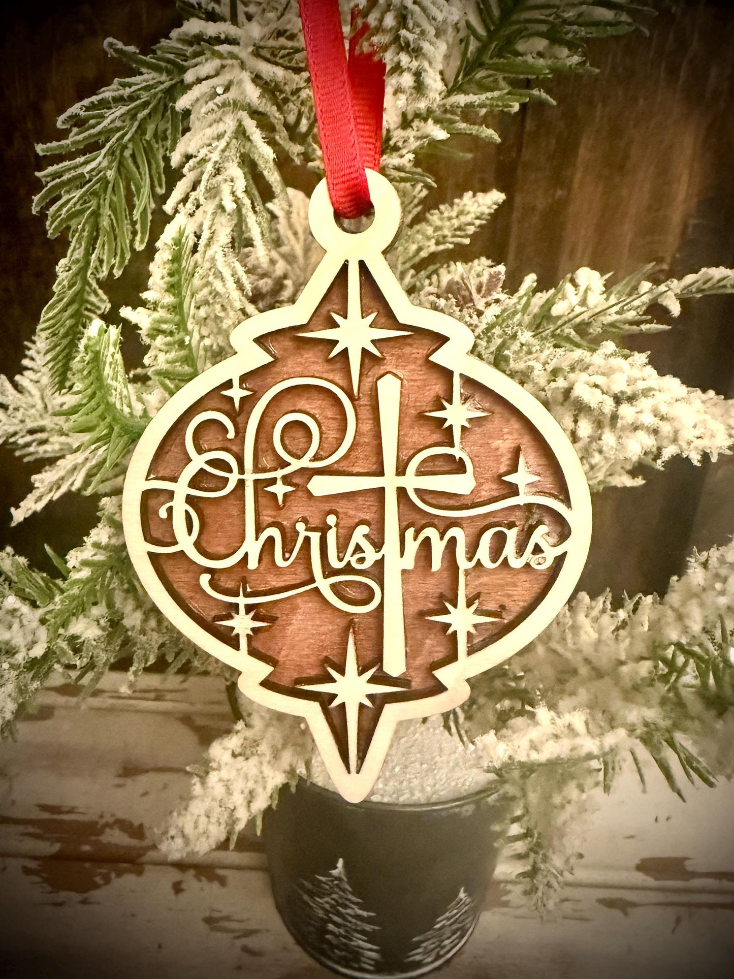 Script Christmas with Cross Finial 2-Layer Wood Christmas Ornament & Gift Tag | Multiple Finishes | Religious Gift