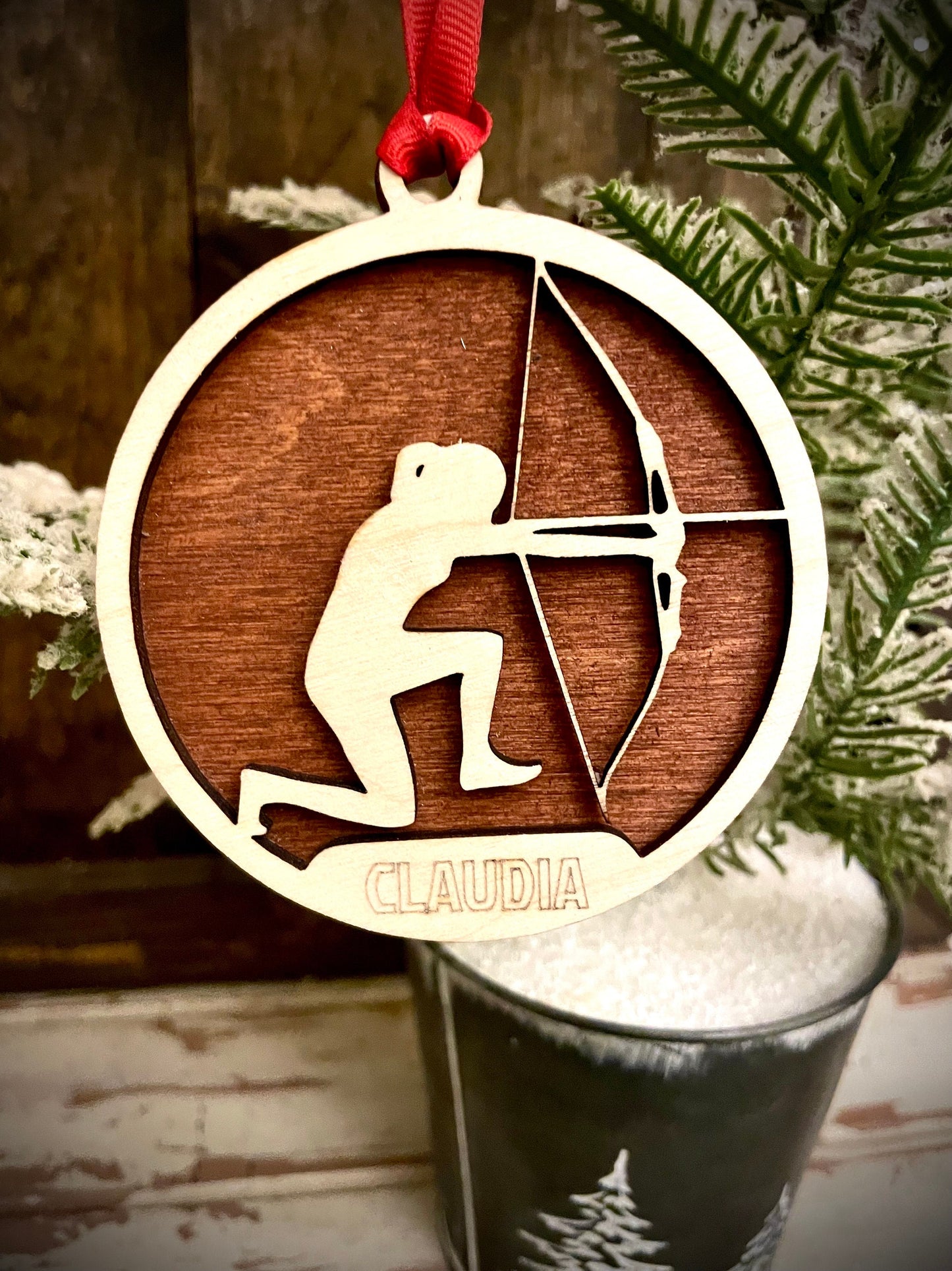 Female kneeling archery bow and arrow 2-layer personalized laser cut wood Christmas ornament, gift tag available unfinished or stained