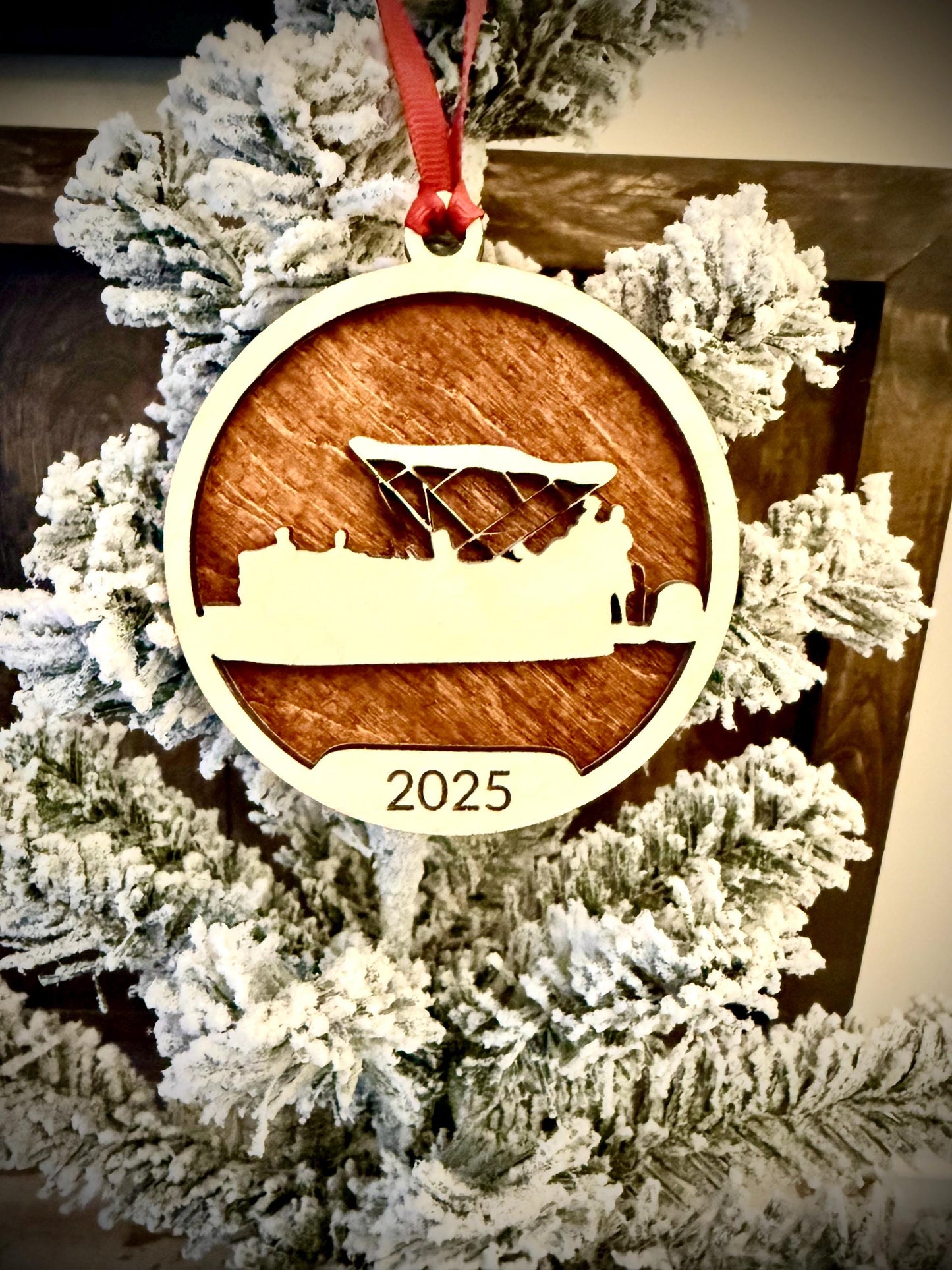 Pontoon Boat Personalized 2-Layer Wood Christmas Ornament & Gift Tag | Multiple Finishes | Boating Gift
